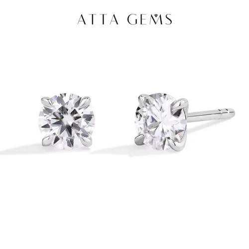 ATTAGEMS High Quality Lab-Created Moissanite Ear Studs, D/VVS1 Grade Round Cut 0.5CT-1CT-2CT Classic Unisex 4-Prong Jewelry, Sparkling Wedding Earrings for Women (E036)