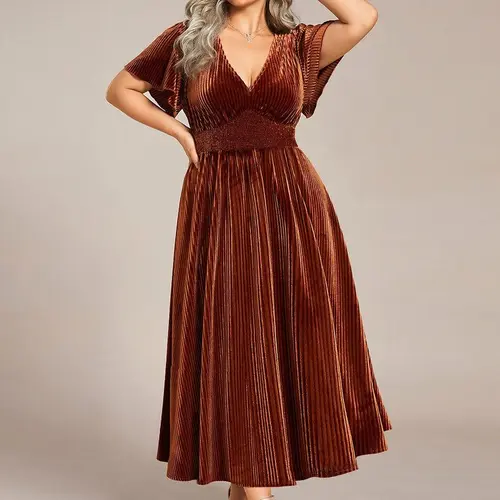 Ever-Pretty 2026 Spring Evening dress Graceful V-Neck Velvet Midi Wedding Guest Dress with Waist Detail & Short Sleeves Chic & Stretchy Bridesmaid Dress for Winter Formal Events Dress 01939