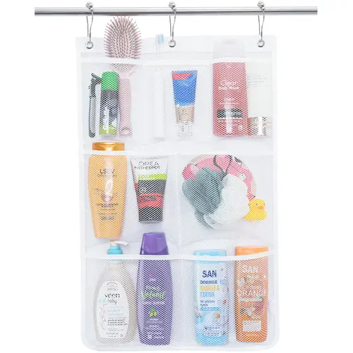 Lifewit Rectangular Polyester Mesh Hanging Shower Caddy with 3 Metal Hooks & Sticky Hook, Foldable Tear-Resistant Quick-Drying Breathable Portable Lightweight Modern Space-Saver Bathroom Gadget for Back to School, Shower Organizers, Bath Storage Holder