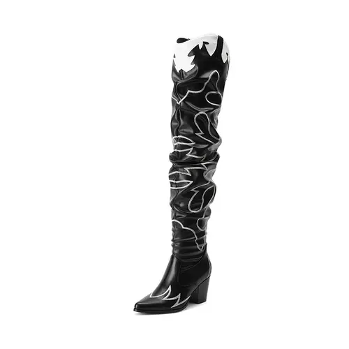 Dream Pairs Women's Slouched Western Embroidered Over-the-Knee Boots in Vegan Leather with a Pointed Toe & Block Heel for Concerts, Synthetic, Tpr Sole, Thigh High Boot, Party, Rodeo Outfit Inspo,shoes for back to school,back to school shoes,sohochic