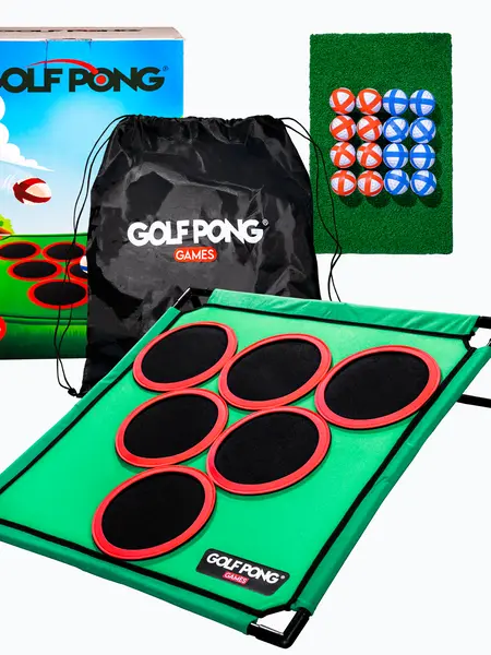 Golf Pong Game Set for Unisex Adults - Indoor/Outdoor Pongball Game, Includes 16 Velcro Pongballs, Putting Mat & Carrying Case - Portable, No Club Included
