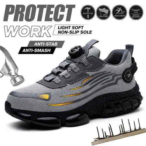 Men's Durable Steel Toe Work Shoes - Puncture Resistant, Slip-On, Lightweight, Breathable Safety Sneakers with Magnetic Elastic Band, Chic Outdoors Footwear for Construction Workers