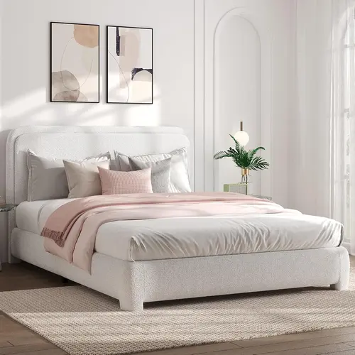 HOMBCK Bed Frame, No Mattress, Boucle Upholstered Platform Bed Frame, Modern, Rounded Corners, Noise Free, Easy Assembly, Contemporary Upholstered Bed, Home Decor#SohoChic#Homemakeover
