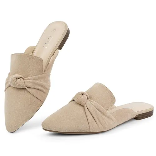 MUSSHOE Women’s Black Pointed-Toe Bow Mules – Low-Heel Slip-On Shoes for Office & Dressy Looks