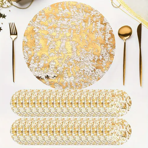 50pcs Disposable Golden Placemats Round Golden Doilies Dining Table Mats for Dining Table Wedding Birthday Party Holiday Decoration Eid Al-Adha Mubarak Christmas Favor