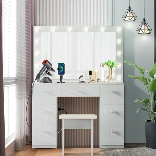 VOWNER 55" Tall Makeup Vanity Table Desk Set With Power Outlet, 14 LED Bulbs Lights Mirror and 7 Drawers Furniture Bedroom, vanity mirror,#SohoChic