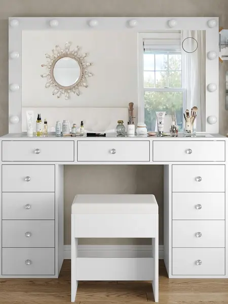 FUSOU 47" Makeup Vanity Desk with 11 Drawers, Power Outlet, LED Mirror (12 Lights, 3 Modes), Glass Top, Chair, Sturdy Storage Furniture for Bedroom Room Decor [2-Package Shipping]