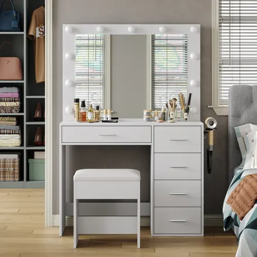 FUSOU 37"W 5 Drawers Vanity Desk with Power Outlet, Makeup Table with Lighted Mirror, 3 Color Lighting Modes,Vanity Table Dressing Table Set tabitha modern power outlet