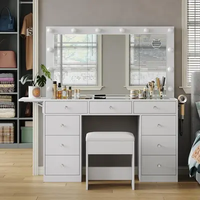 FUSOU 47" Makeup Vanity Set with 9 Drawers, Fold-up Panel, Power Outlet, Lighted Mirror (3 Lighting Modes), Glass Top & Chair - Sturdy Furniture for Mothers, Shipping in 2 Packages, Ample Storage for Bedroom, Vanity With Mirror, Chair For Bedroom