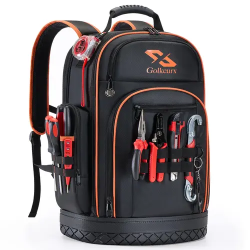 Golkcurx Tool Backpack, Heavy Duty Backpack Tool Bag, 1680D Tools Carrier for Electrician, Durable and Molded Base