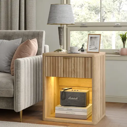 FUSOU Oak Bedside Cabinet Nightstand with Charging Station, Large LED Side Table with Adjustable Lighting Modes, Drawer & Storage Shelf, Modern Wood End Table for Home Bedroom, Living Room Decor, House Decor