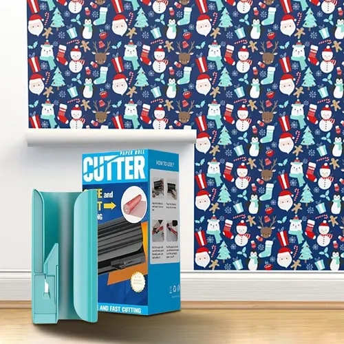 Christmas Wrapping Paper Cutter and Slider Tool Set – Ideal for Holiday Gift Packing, Crafting, and Birthday Wrap Rolls – Includes 2 Replacement Blades (Blue) for Effortless Festive Wrapping
