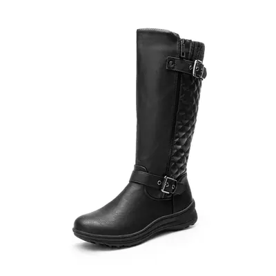 Dream Pairs Women's Knee-High Winter Boots - Cozy Knee Coverage, Cozy Round-Toe Fit, Fur Lined, Diamond Quilted PU Leather, Retro Buckle, Alternative Style Footwear,sohochic