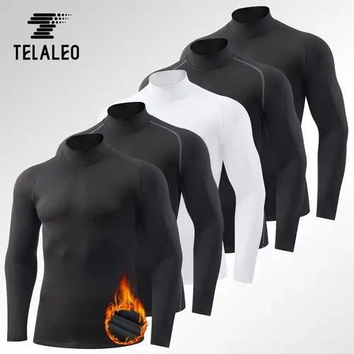 TELALEO 5-Pack Mens Fitted Plain Stylish Turtleneck/Mock Neck Polyester Thermal Long Sleeve Fleece-Liner Compression Undershirt Base Layer Menswear for Outdoor Wear, Everyday Use