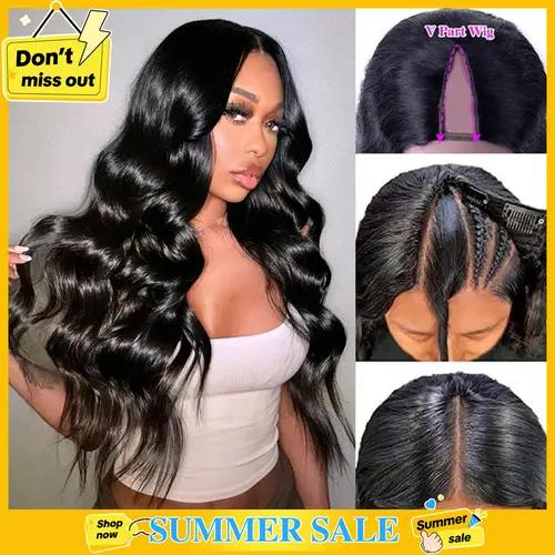 【V Part Wig No.1】Mamushow V Part Wigs With Invisible Strap Drawstring 100% Human Virgin Hair Body Wave Glueless Wig 180% Density Curly Wigs Natural Black#SohoChic