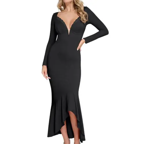 Popilush Shapewear Long Sleeve Lace Trim Mermaid Maxi Dress Chic Casual