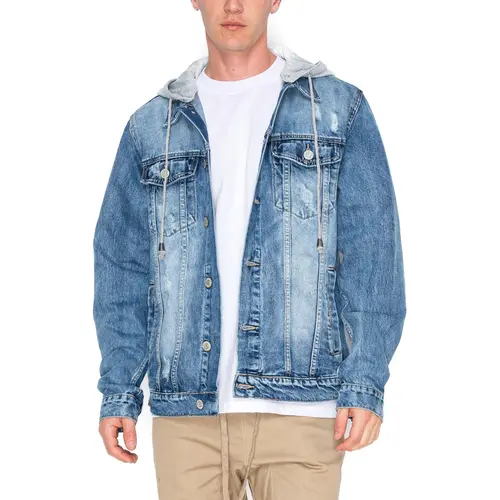 VICTORIOUS Men's Long Sleeve Layered Distressed 100% Cotton Denim Jacket with Detachable Hoodie and Button-Front, Tops, Menswear, Coats, Casual, All Seasons, Cold Wash, Ripped, Western Ootd, Tiered Layer