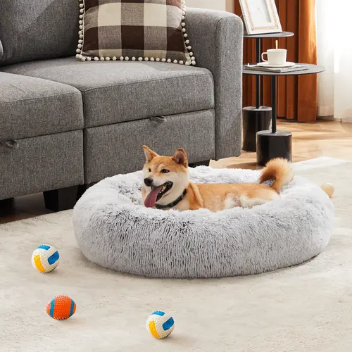 Sweetcrispy Fluffy Faux Fur Dog Bed - Washable, Anti-Slip Round Comfortable Resting Spot for Medium to Large Dogs & Indoor Puppies, Puppy Bed