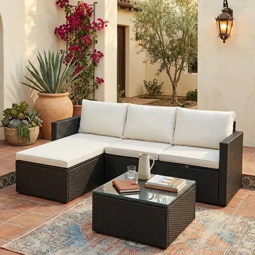Walsunny Patio Furniture Set - 5 Piece Outdoor Sectional Wicker Patio Furniture with Glass Table and Cushions, All-Weather Wicker Rattan, Beige