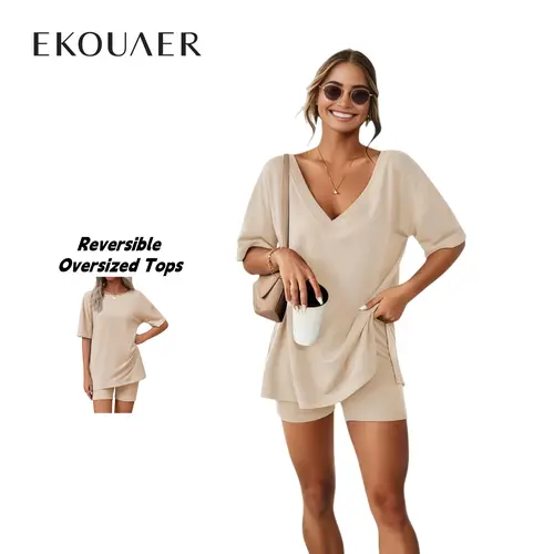EKOUAER V-neck comfort Two-Piece Pajama Set For Women Summer Casual  Split Hem Shirts & Biker Shorts Minimalist Lounge Wear Soft Homewear Cozy Pjs Clothes Comfy