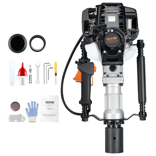 【toolupgrade】VEVOR Heavy Duty 37.77cc 4-Stroke Engine Gas-Powered T Post Pile Driver, 1000W Power Tool with 2 Aluminum Alloy 55/70mm Hammerhead Sleeves, Shock Absorb Portable Fence Posts Tool for Farm, Road Improvements (6500 rpm)