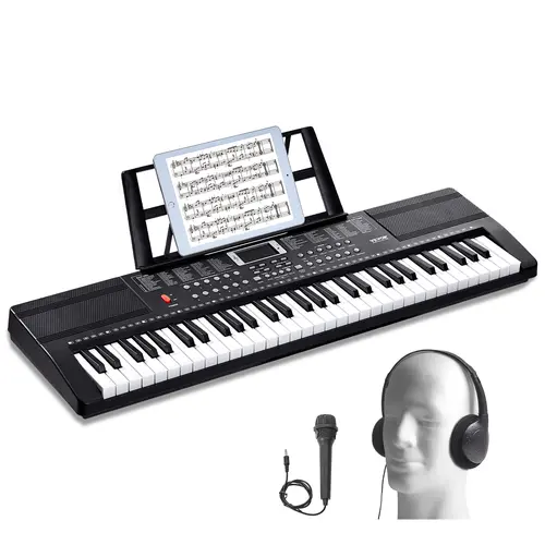 VEVOR 61 Key Digital Keyboard Piano,  200 Tones 200 Rhythms, Electric Portable Piano Keyboard Kit with 60 Demo Songs Built-In Dual Speakers Headphones Microphone, Piano Stickers for Beginners Learning