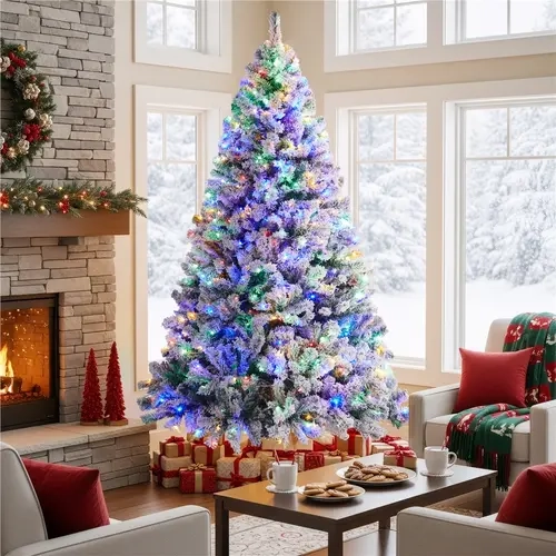 【9 Light Modes】Yaheetech Pre-Lit Snow Flocked Christmas Tree (4.5/6/7.5/9FT) - Classic Style PVC Plastic, 550 Multicolored LED Lights, 9 Modes, 1284 Branch Tips, Flame-Retardant, Ornaments-Ready for Home Party Decor (Festive Glow)