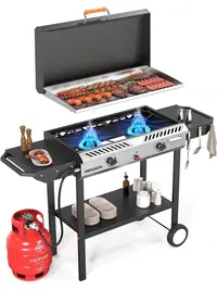 ROVSUN 2-3 Burner Outdoor Propane Gas Stand Cooker with Sturdy Cast Iron Square Griddle, Auto-Ignition, Regulator, Side Shelves, 150000-225000 BTU for Large Patio, Backyard BBQ, Oil Frying