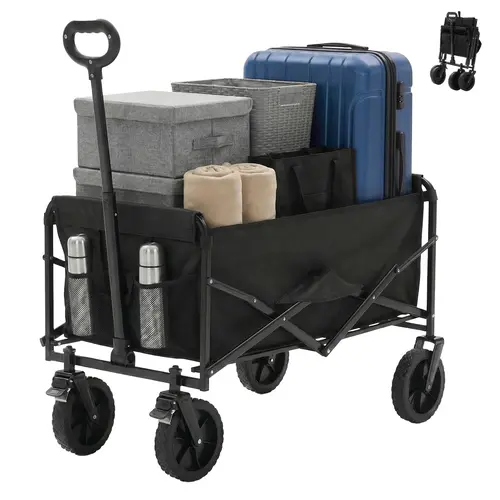 Sweetcrispy Collapsible Folding Wagon Utility Cart for Adults - Oxford Cloth Heavy-Duty Haul Trolley with Quick-Fold Design, 102L Capacity, 330 lbs Load, Wheels, Adjustable Handle, Removable Parts, for Gardening, Household Transport, Camping Gear