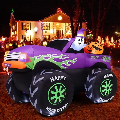GOOSH 8 FT Inflatable Halloween Monster Truck Decor - Waterproof, Rainproof Inflatable Mascot Outdoor Holiday Decorations with Built-in LEDs, Cute Ghost & Pumpkin for Garden, Lawn, Indoor Party,sohochic