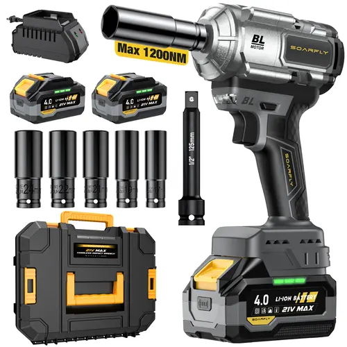 【1200N.m High Torque + Dual Battery】SOARFLY 1200N.m Impact Wrench, 2x 4.0Ah Batteries, Fast Charger, 3000RPM, 5 Sockets & 1 Extension Bar, For Car, Trucks Power Tool Rechargeable High Torque