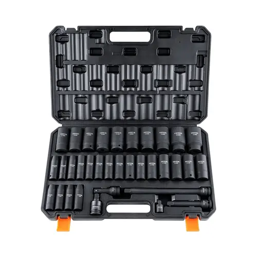VEVOR Impact Grade Socket Wrench Set, Cr-MO Alloy Steel Metric 8-36mm 6-Point Work Tools, Tool Box Included, for Auto Repair & Rugged Construction, Prevents Less Bolt Rounding, Millimeters,toolupgrade