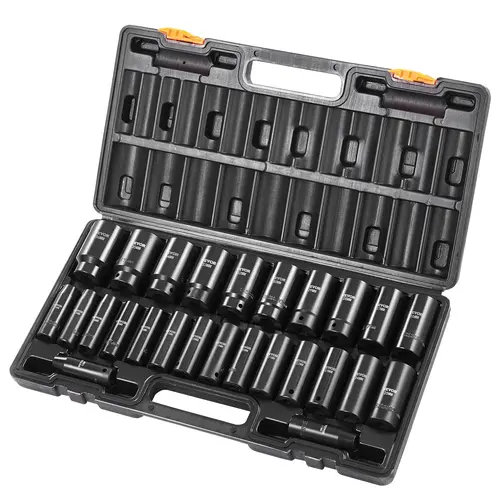 【Summerfinds】VEVOR Impact Socket Set 1/2" 26 Piece Impact SocketsDeep Socket6-Point Sockets1/2 Inches Drive Socket Set Impact Metric 10mm - 36mmCr-V Rugged Constructionwith a Storage Cage