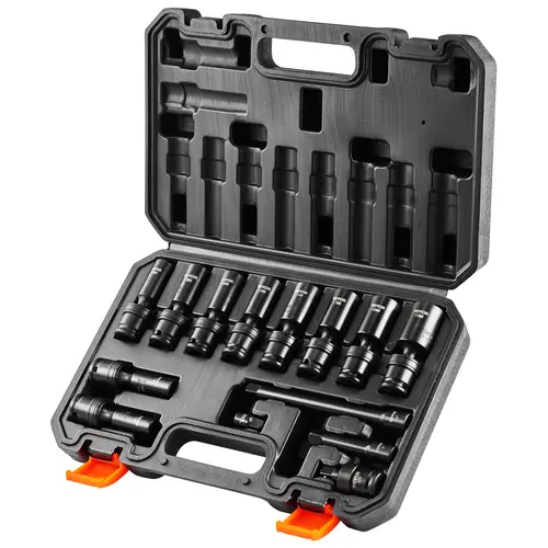 【toolupgrade】VEVOR 14-Piece CR-MO 3/8'' Drive Swivel Socket Set, Metric Deep 6-Point (10-19 mm) Heavy Duty Metal Tool Kit with 2 Extension Bars (3"&6"), 1/4"-3/8" Adapter, Universal Joint & Case for DIY Maintenance, 360° Swivel Reaches Tight Corners