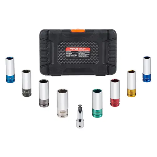 【toolupgrade】VEVOR 1/2 in Drive Lug Nut Impact Sockets Set - 8 Sizes SAE/Metric Mix 6-Point Deep CR-MO Steel Lug Nut Wrench Set with Storage Case, Extension Bar for Auto Repair High Torque Tool Corrosion Resistant