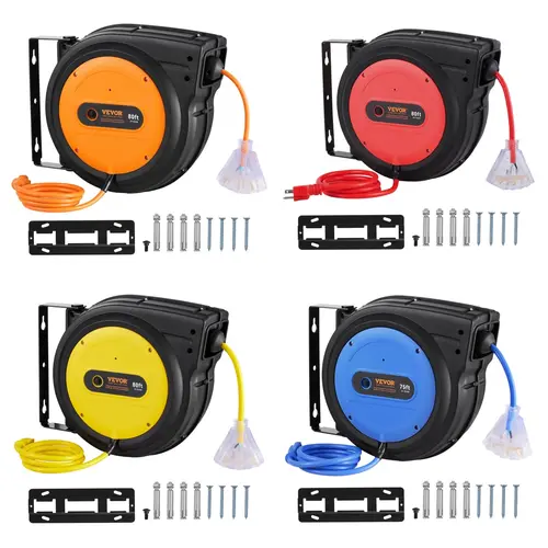 【toolupgrade】VEVOR Automatic Retractable Extension Cord Reel - 80FT Heavy-Duty 12/14/16 AWG/3C SJTOW Wire, Lighted LED Lights, Triple Tap Outlets, 10/13/15A Circuit Breaker, 180° Swivel Bracket, Transparent Cable Management Cord Reels for Ceilings, Heavy