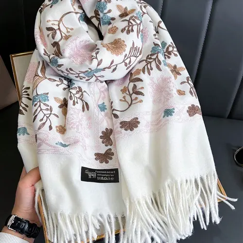 Boho Style Plant Embroidery Double Sided Paisley Scarf, Casual Soft Warm Fringe Trim Floral Embroidered Fashion Paisley Print Shawl Wrap for Women & Men, Fashion Accessories for Daily Wear