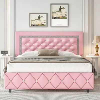 HOMBCK Diamond Bed Frame, No Mattress, Comfortable and Adjustable Headboard, Luxury Leather, Modern, Sturdy, No Box Spring Needed, Easy Assembly, Diamond Tufted Headboard, Adjustable Upholstered Headboard#SohoChic#Homemakeover
