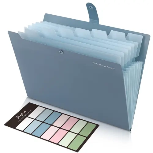 SKYDUE Polypropylene Expanding File Organizer - 8 Pockets Accordion File Folder with Label Stickers, Portable Letter/A4 Document Bill Receipt Organizer, Office Accessories School Supplies (Blue)