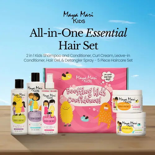 Maya Mari Kids 5-Piece 2-in-1 Sulfate-Free Anti Frizz Shampoo & Conditioner Haircare Kit - Fragrance-Infused Liquid Cleanser, Curl Cream, Leave-In Conditioner, Hair Gel, Detangler Spray with Coconut, Shea, Castor Oils Moisturizer Gift Set
