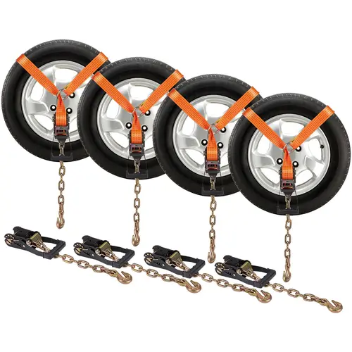 【toolupgrade】VEVOR 4-Pack Value Metal Car Tie Down Hooks with Chain Anchors, 2"×120" Lasso Tire Straps, 5865 LBS Working Load, 11023 LBS Breaking Strength, Ratchet Buckles, Wear-Pad Protect, Polyester Loop for ATVs Vehicle Transportation Auto Accessories
