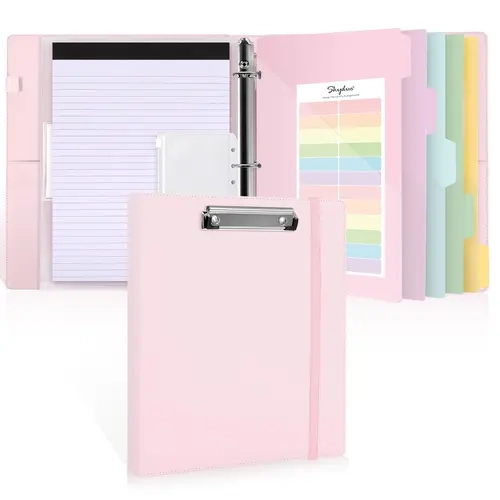 SKYDUE Sturdy PU Clipboard Binder - 1-Inch 3-Ring Binder with Refillable Notepad, Colorful Dividers (10 Pockets, Labels), Letter Size Hardboard Fit, Elastic Band, Office Accessories, College Supplies for Parents, Thanksgiving