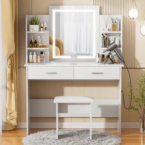 VOWNER Modern Makeup Vanity Desk with Lighted Mirror,2 Drawers,Cushioned Stool for bedroom, vanity mirror vanity table,#SohoChic