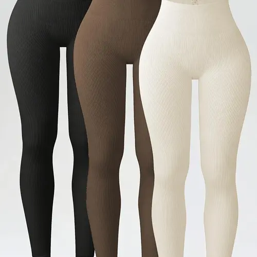 Women's Solid High Waist Sports Leggings, Sporty Comfy Breathable Ribbed Skinny Pants for Yoga Gym Workout, Ladies High Waisted Sportswear for All Seasons