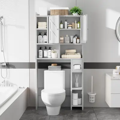 Walsunny Over The Toilet Storage Cabinet, Farmhouse Storage Cabinet with 2 Barn Door & Toilet Paper Holder Stand, Toilet Rack for Bathroom, Laundry Furniture Organizer
