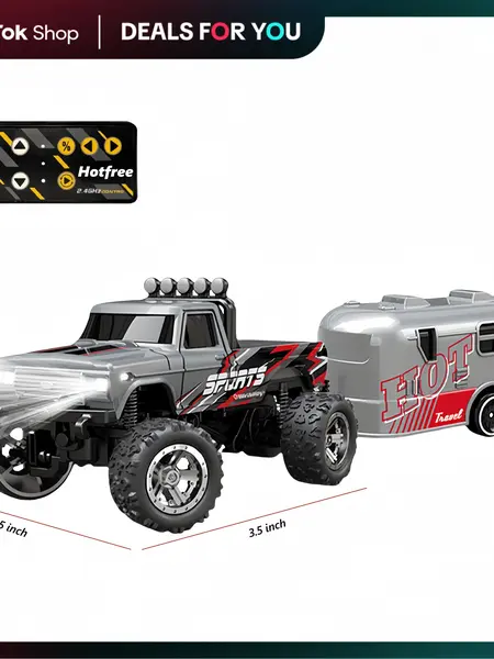 Hotfree 1/64 Mini RC Monster Truck Crawler, Metal Body Off‑Road RC Stomper with Trailer, 2.4GHz Remote Control, 3‑Speed Adjustable, USB‑C Rechargeable, LED Lights, Indoor Outdoor Desktop RC Car Toy, Christmas Birthday Gift for KIds Boys
