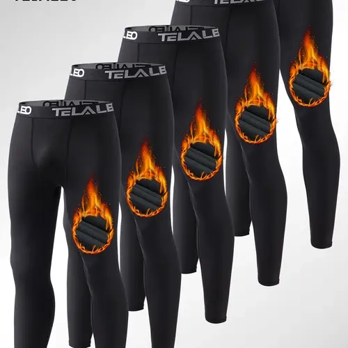TELALEO 5-pack Men's Fleece Lined Thermal Compression Pants - Snug Fit Warm Fleece Core Athletic Wear, Cold Weather Baselayer Winter Outdoor Sports Polyester Leggings