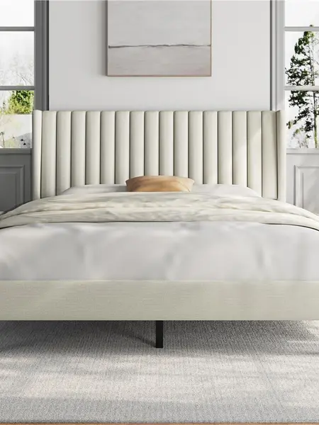 Yaheetech Linen Fabric /Velvet Upholstered Bed Frame Full/Queen/King with Wooden Slat Support, No Box Spring Needed, Durable Construction, Easy Assembly Furniture Bedroom Beige Headboard, Modern Platform Bed, Upholstered Headboard, Upholst