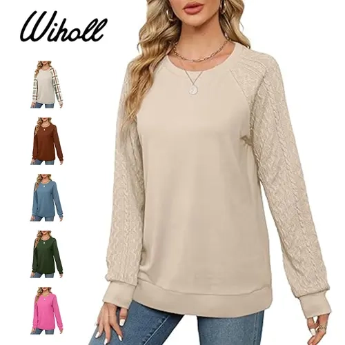 WIHOLL Women's Crewneck Cable Knit Sweatshirt - Lightweight 2025 Korean Casual Basic Slimming Soft Fabric Top, Compatible with Jeans, Shorts, Puffer, Leggings, Bike Outfits, Belt, Patchwork Tees, Street Style,sohochic