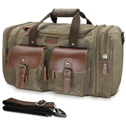 Vintage Waxed Canvas Duffle Bag for Men, Large 50L-60L Waterproof Weekender with Leather Trim, Expandable Carry-On for Travel, Father's Day Gift, Fathers Day Gift Ideas, Dad Gift, Gifts For Him, Birthday Gifts For Him